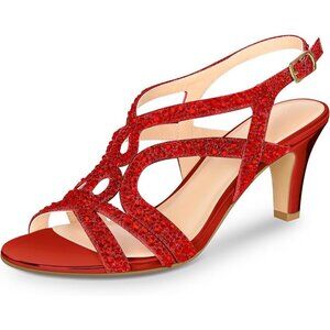 Women's Glitter Crystal Open Toe Slingback Heels 3-Inch Dress Pumps for Weddings